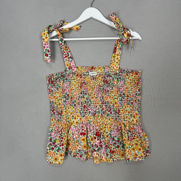 J.Crew Floral Smocked Tie Shoulder Top Womens Large Pink Peplum Resort Vacation - Picture 1 of 11